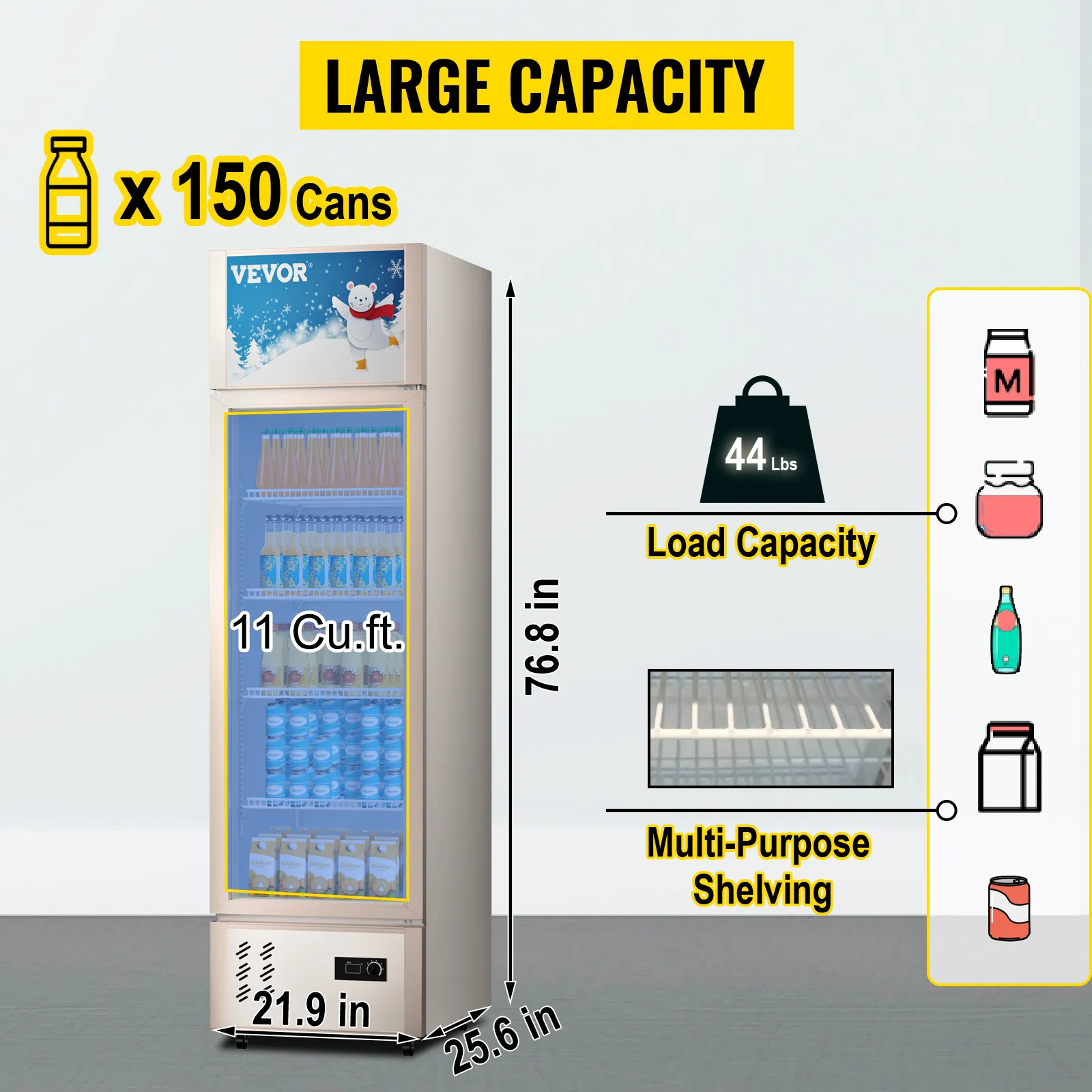 VEVOR commercial refrigerator with 11 cu.ft. capacity, holds 150 cans, dimensions 76.8 x 25.6 x 21.9 in.