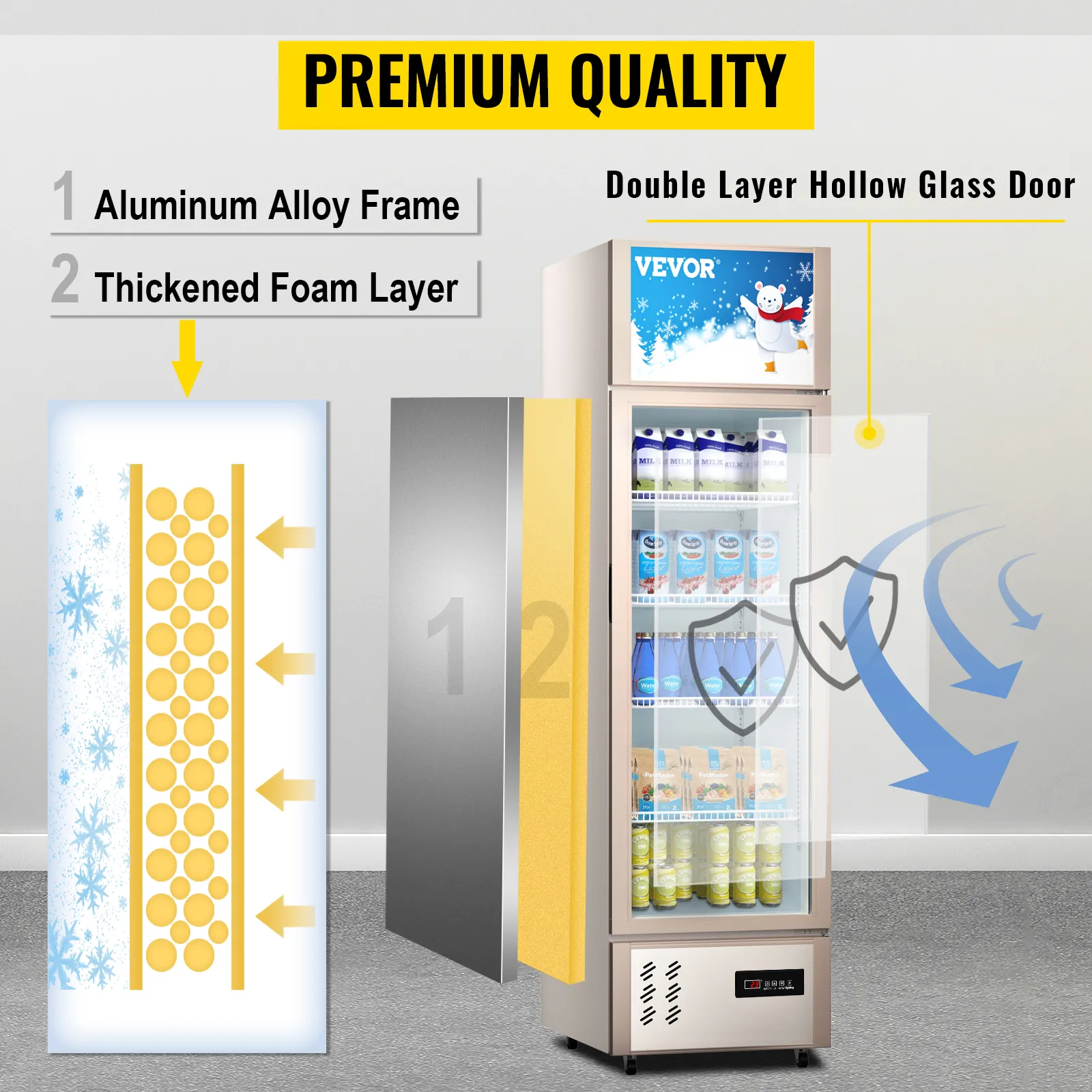 VEVOR commercial refrigerator features aluminum alloy frame, thickened foam layer, and double-layer glass door.