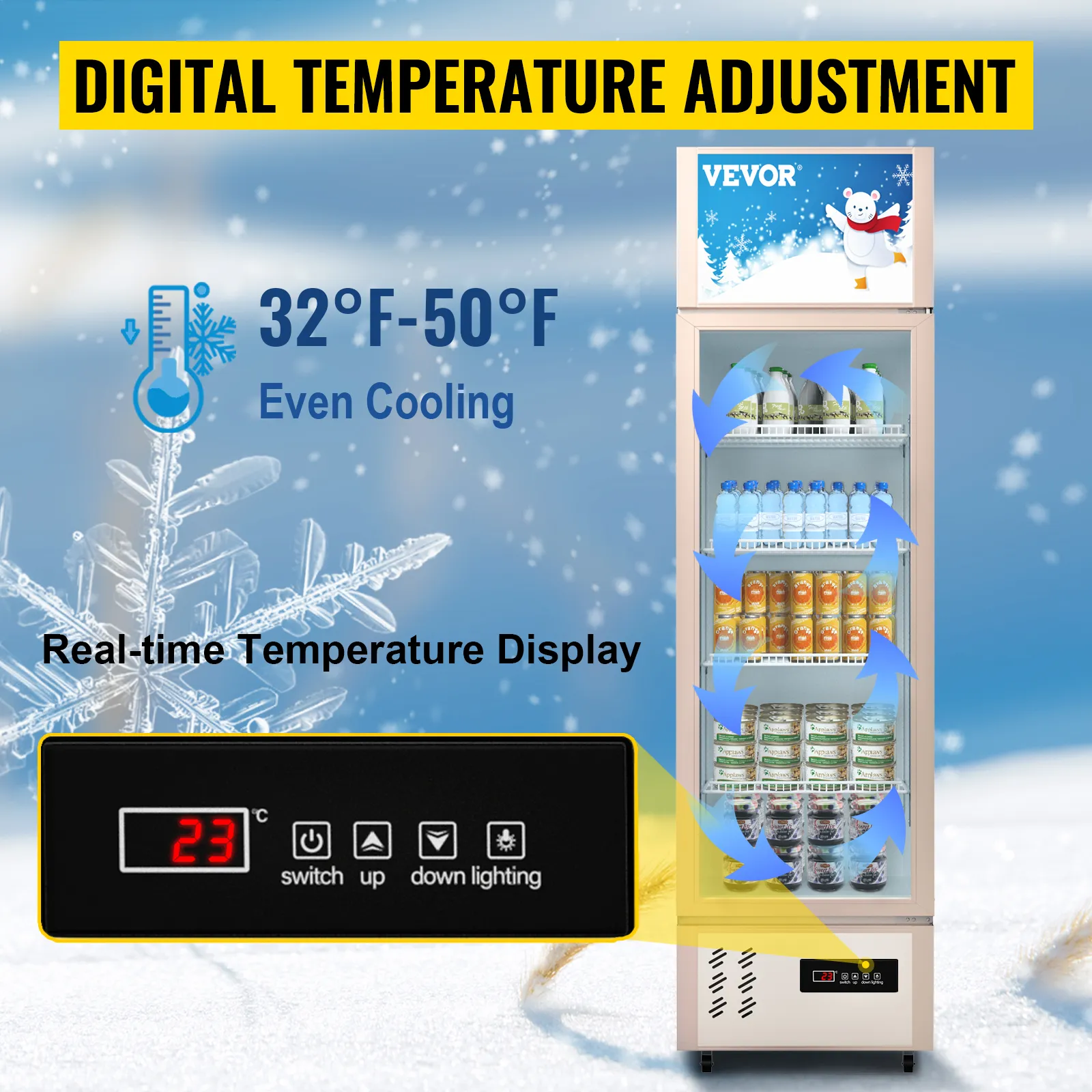 VEVOR commercial refrigerator displaying digital temperature adjustment from 32°f to 50°f with real-time display.