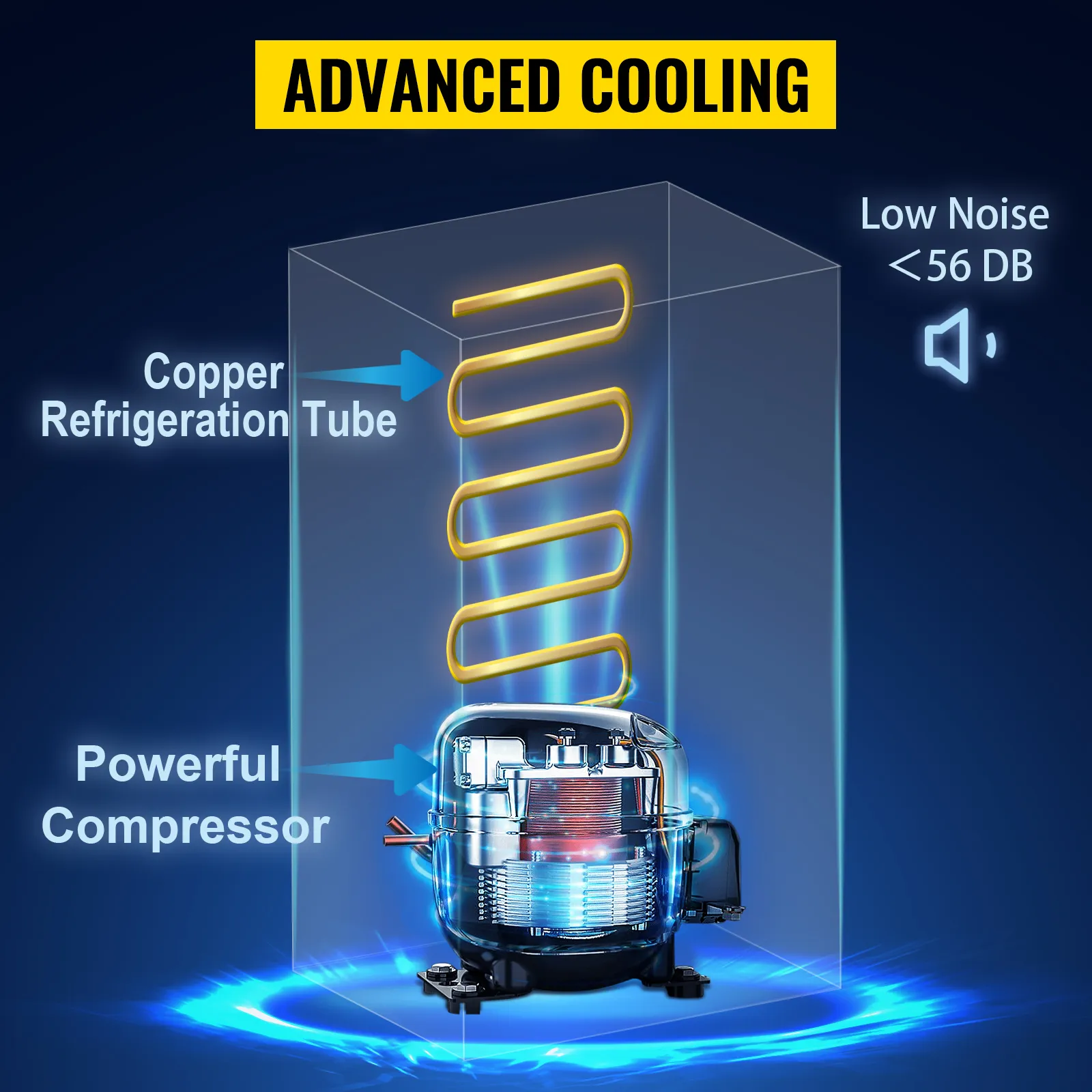 advanced cooling system of VEVOR commercial refrigerator with copper refrigeration tube and powerful compressor.