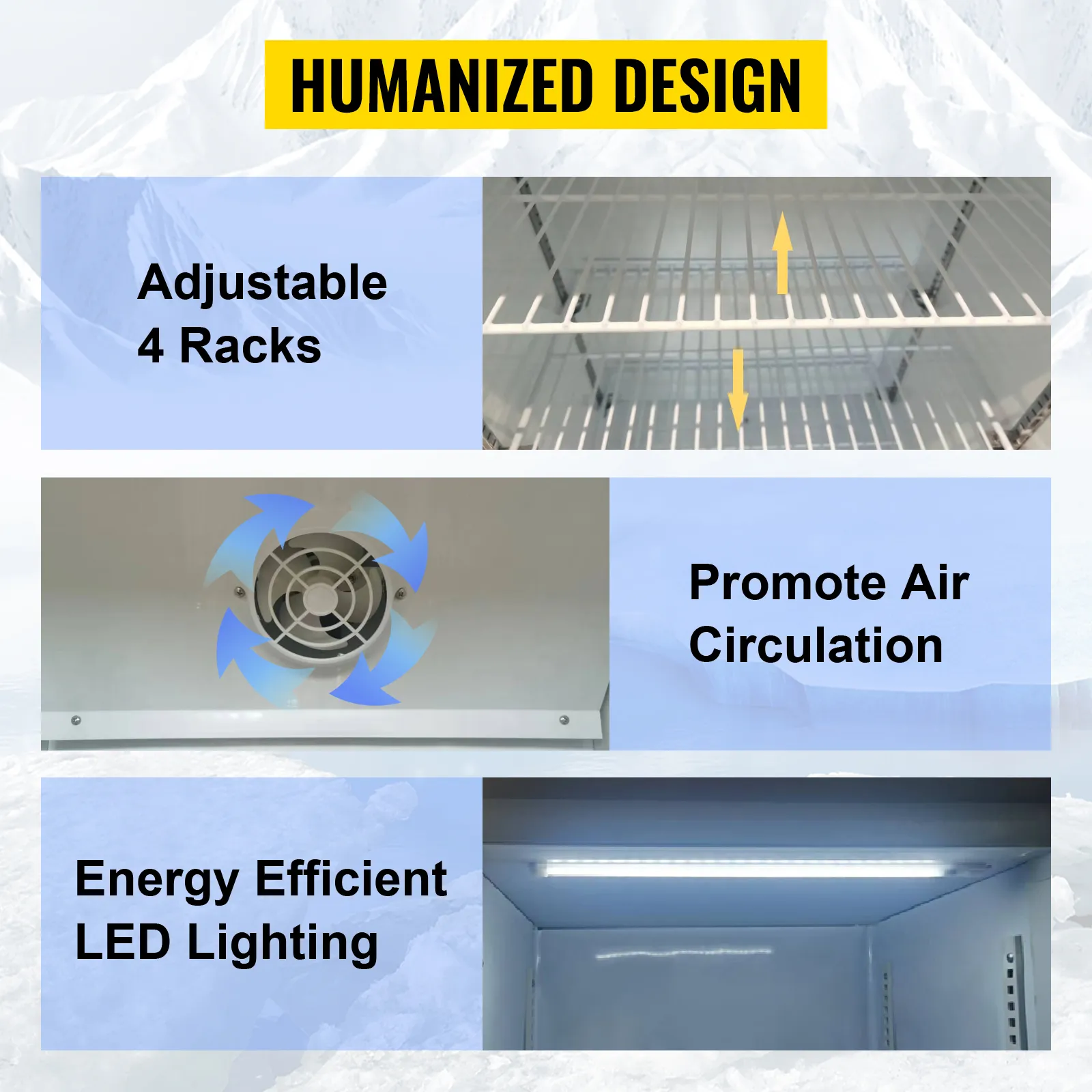 VEVOR commercial refrigerator: adjustable racks, air circulation, and energy-efficient led lighting.