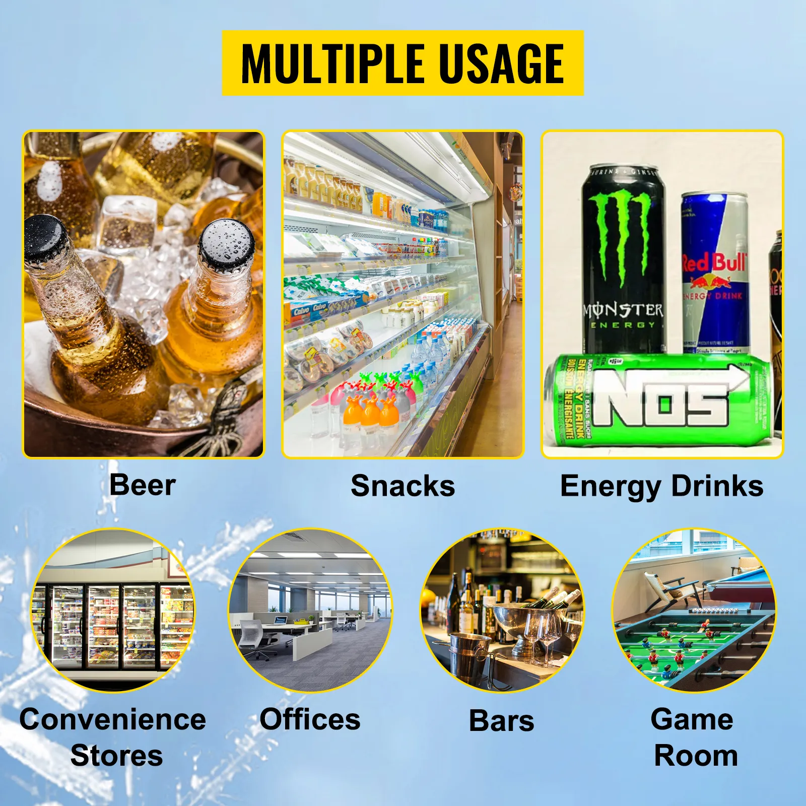 multiple uses of the VEVOR commercial refrigerator for beer, snacks, and energy drinks in various settings.