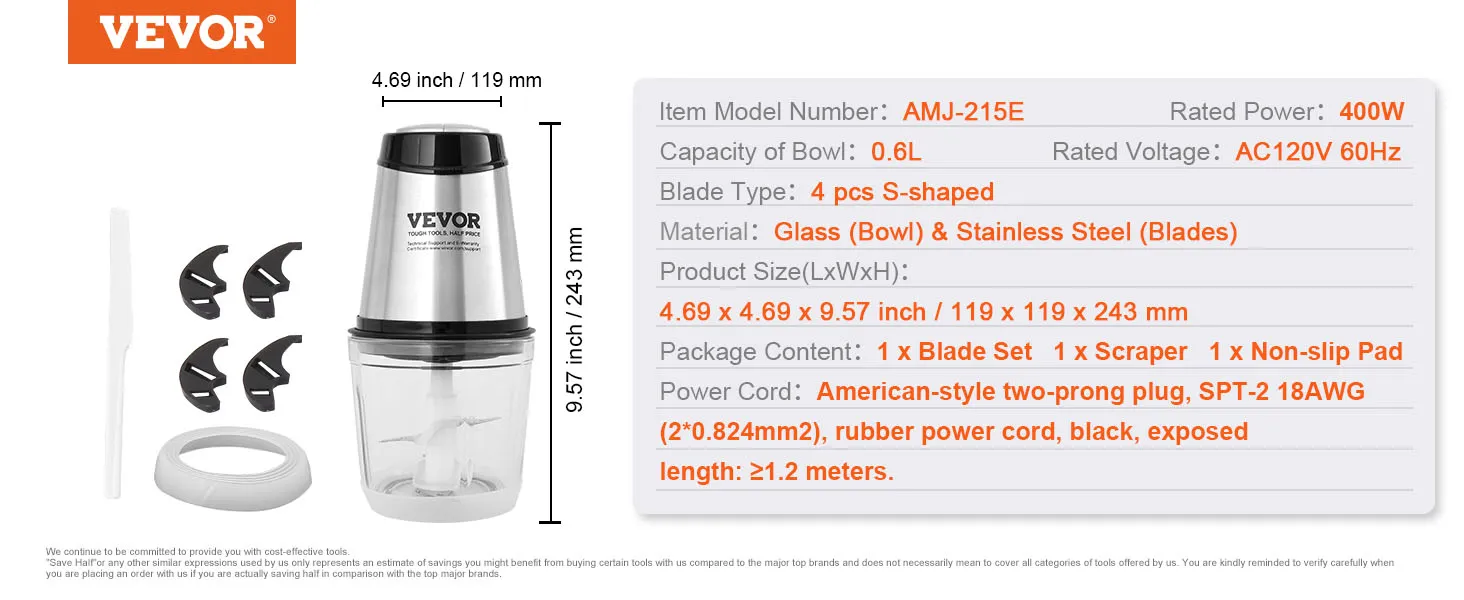 Procesador de alimentos VEVOR, modelo amj-215e, 400w, recipiente de vidrio de 0,6l, 4 cuchillas, ac120v 60hz, acero inoxidable.