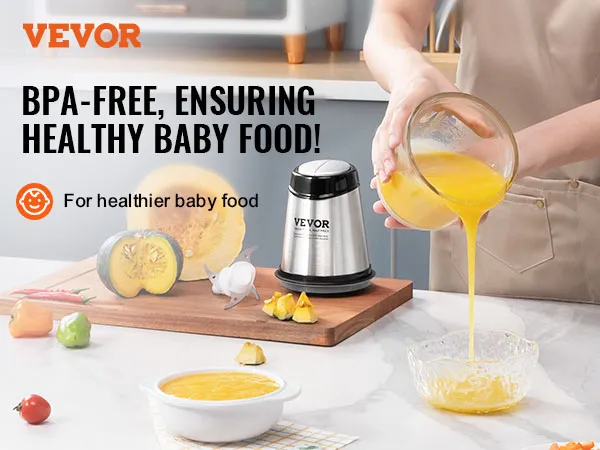 Procesador de alimentos VEVOR que prepara comida saludable para bebés; puré nutritivo y sin BPA que se vierte en un tazón.