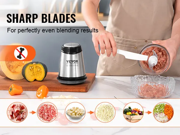 Procesador de alimentos VEVOR con cuchillas afiladas para mezclar uniformemente carne, ajo y verduras.