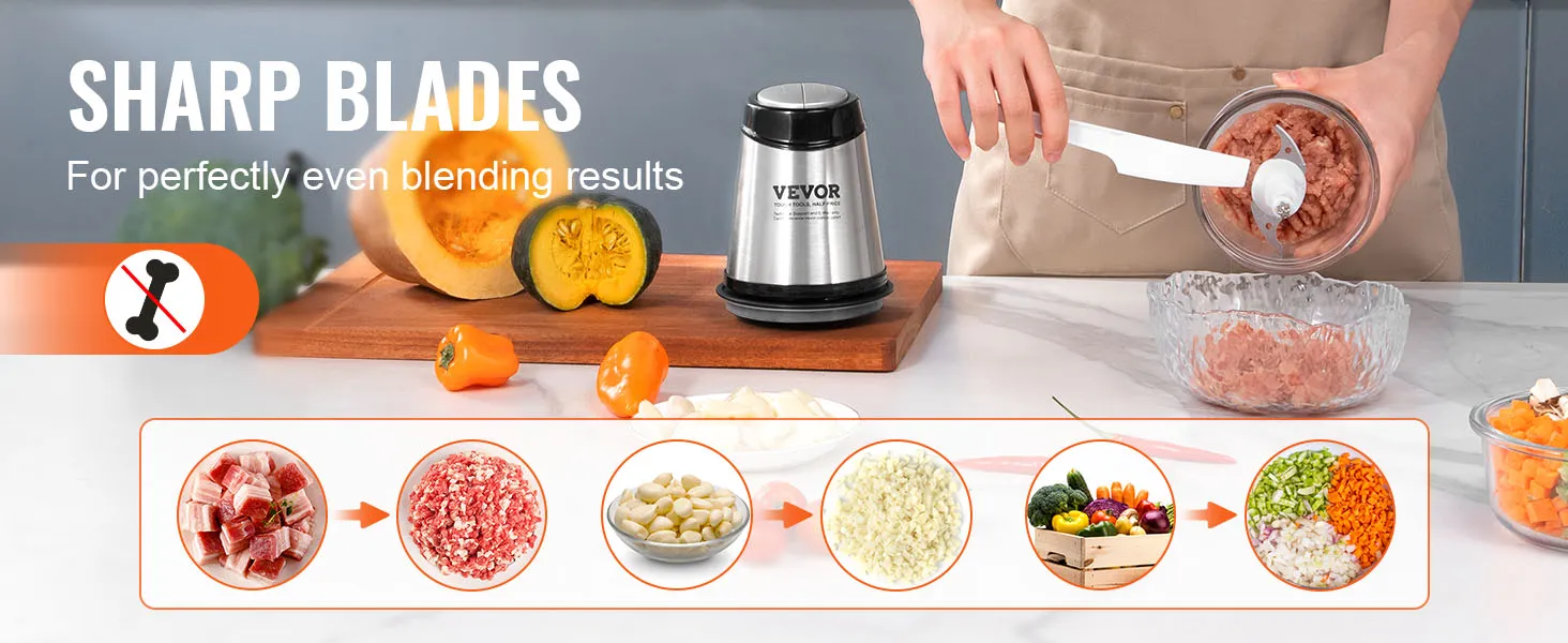 Procesador de alimentos VEVOR con cuchillas afiladas para mezclar uniformemente carne, ajo y verduras.