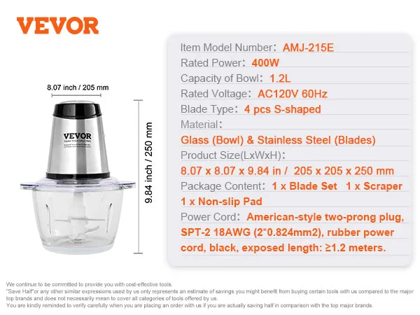 VEVOR electric food processor with 1.2l glass bowl, 400w power, 4 s-shaped blades, and accessories.