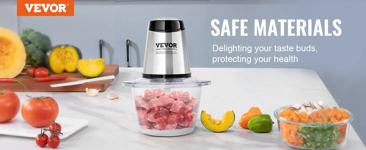 VEVOR electric food processor with chopped meat, tomatoes, squash, peppers, and mushrooms on a kitchen counter.