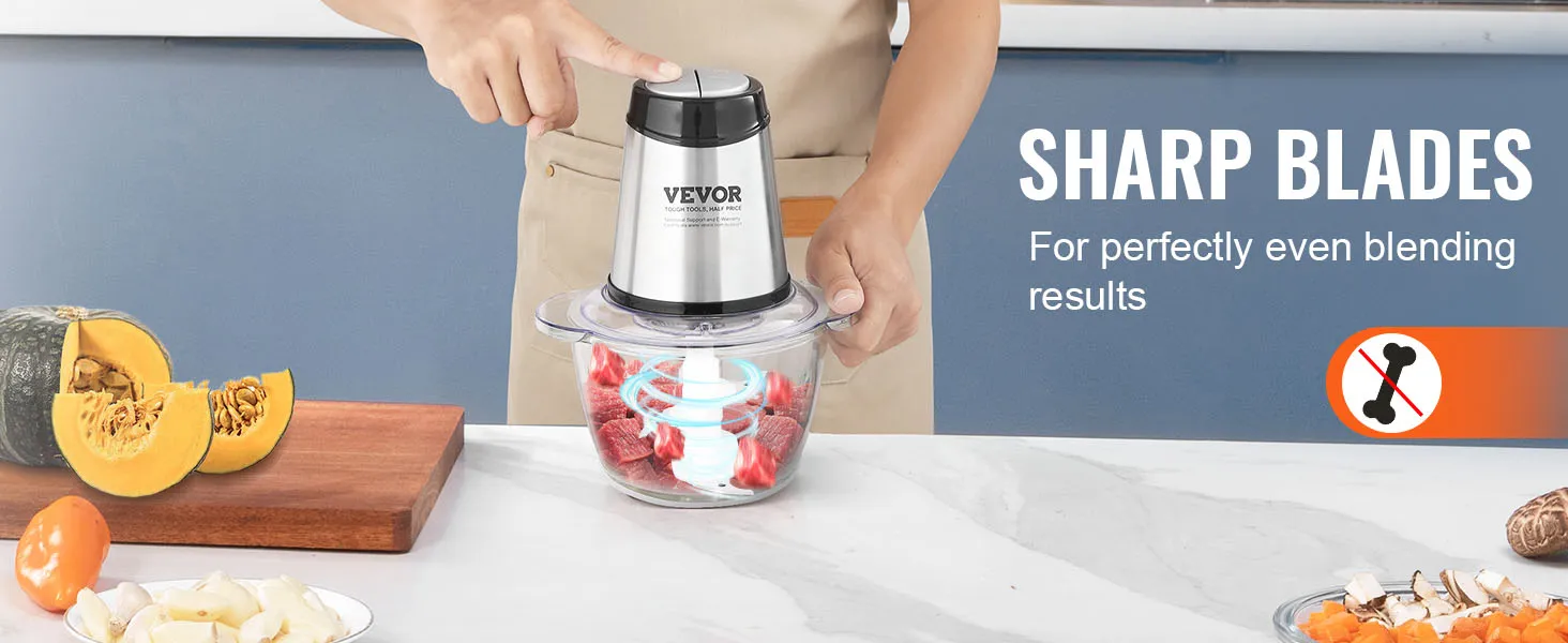 person using VEVOR electric food processor with sharp blades for even blending of red meat on a kitchen counter.