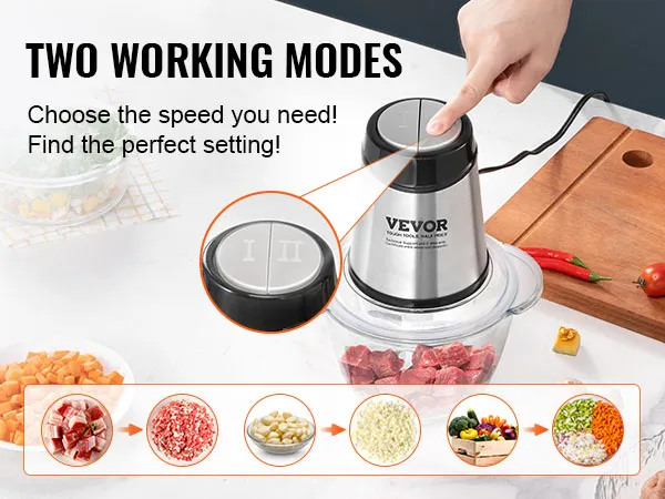 VEVOR electric food processor with two working modes for optimal speed settings, perfect for various foods.