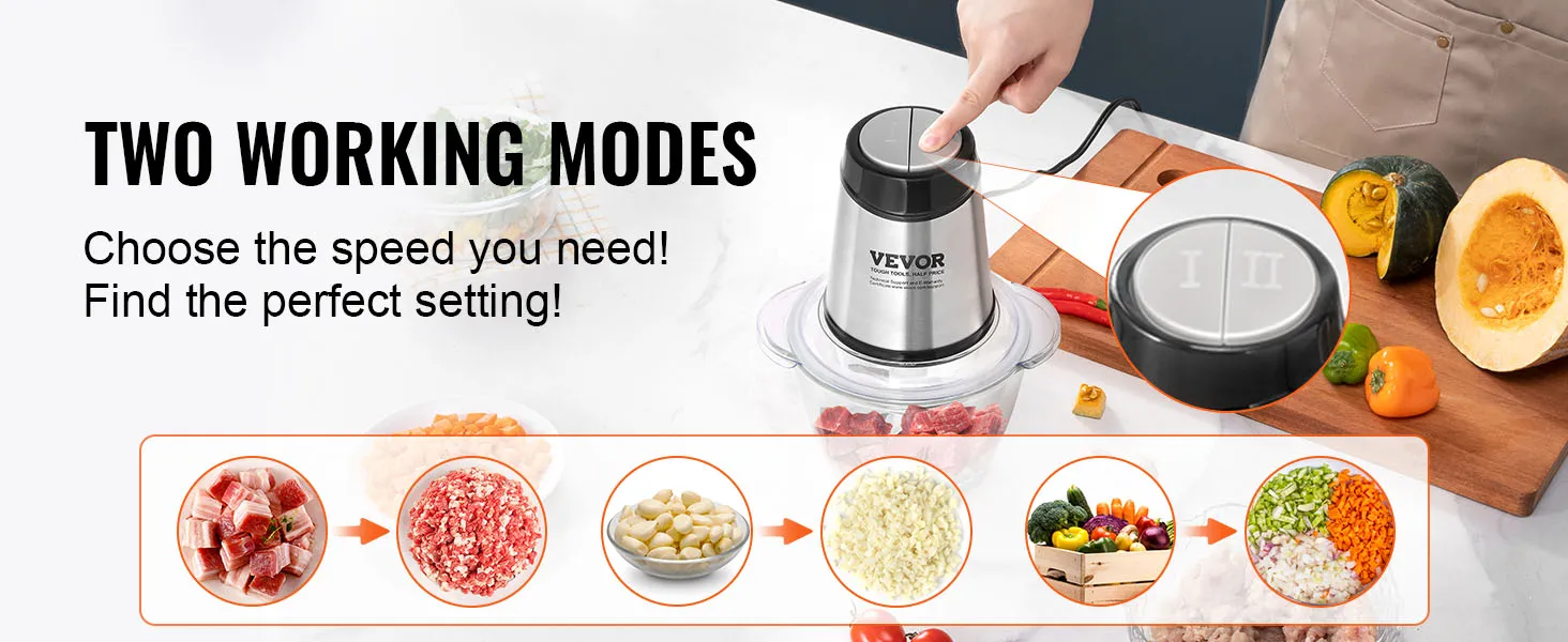 VEVOR electric food processor with two working modes for optimal speed settings, perfect for various foods.
