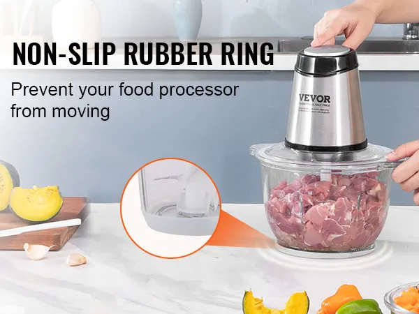 VEVOR electric food processor with stainless steel design and non-slip rubber ring for stability.