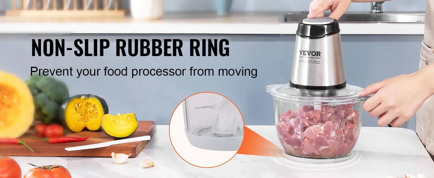 VEVOR electric food processor with stainless steel design and non-slip rubber ring for stability.