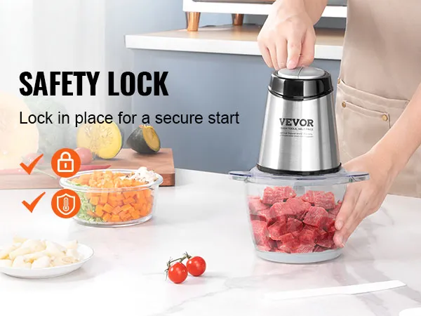 VEVOR electric food processor with safety lock, processing meat, and displaying chopped vegetables.