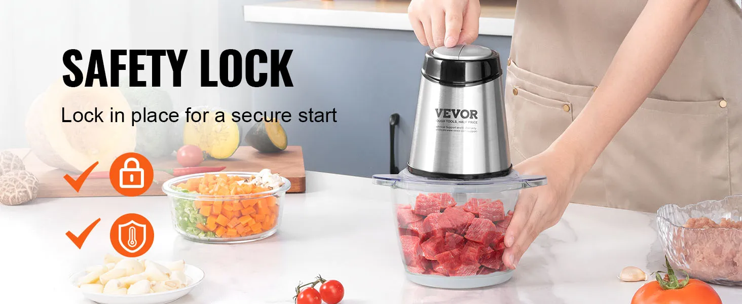 VEVOR electric food processor with safety lock, processing meat, and displaying chopped vegetables.