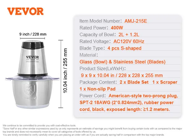 Procesador de alimentos eléctrico VEVOR, bol 2l + 1,2l, 400w, cuchillas de acero inoxidable, ac120v, 4 cuchillas en forma de s.