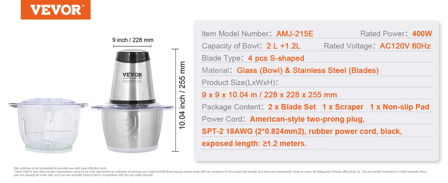 Procesador de alimentos eléctrico VEVOR, bol 2l + 1,2l, 400w, cuchillas de acero inoxidable, ac120v, 4 cuchillas en forma de s.