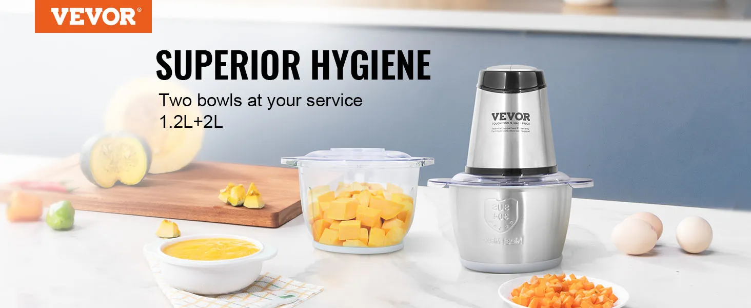 Procesador de alimentos eléctrico VEVOR con dos tazones, verduras recién picadas e ingredientes sobre una encimera.