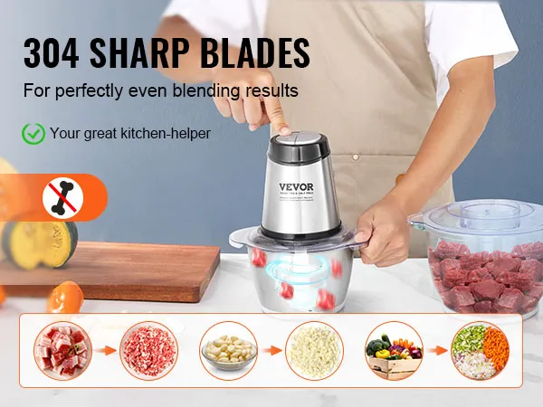 Procesador de alimentos eléctrico VEVOR con 304 cuchillas afiladas para mezclar uniformemente carne y verduras.