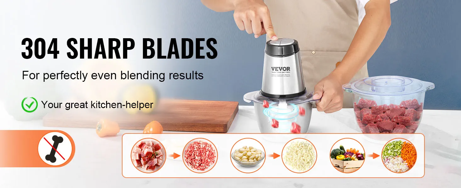 Procesador de alimentos eléctrico VEVOR con 304 cuchillas afiladas para mezclar uniformemente carne y verduras.