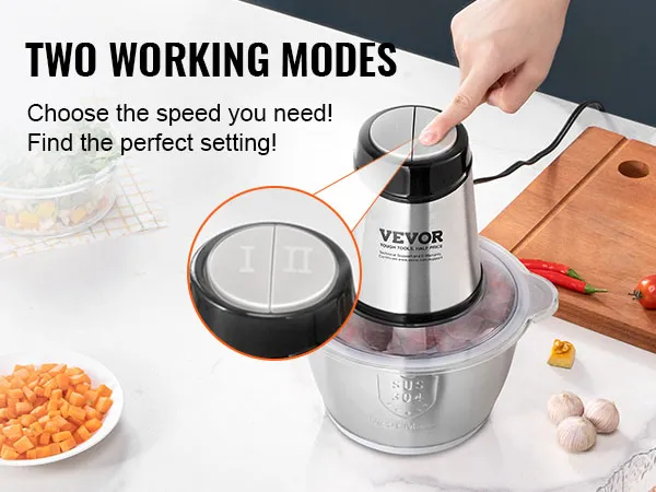 Procesador de alimentos eléctrico VEVOR con dos modos de trabajo, cuerpo de acero inoxidable y verduras en cubitos.