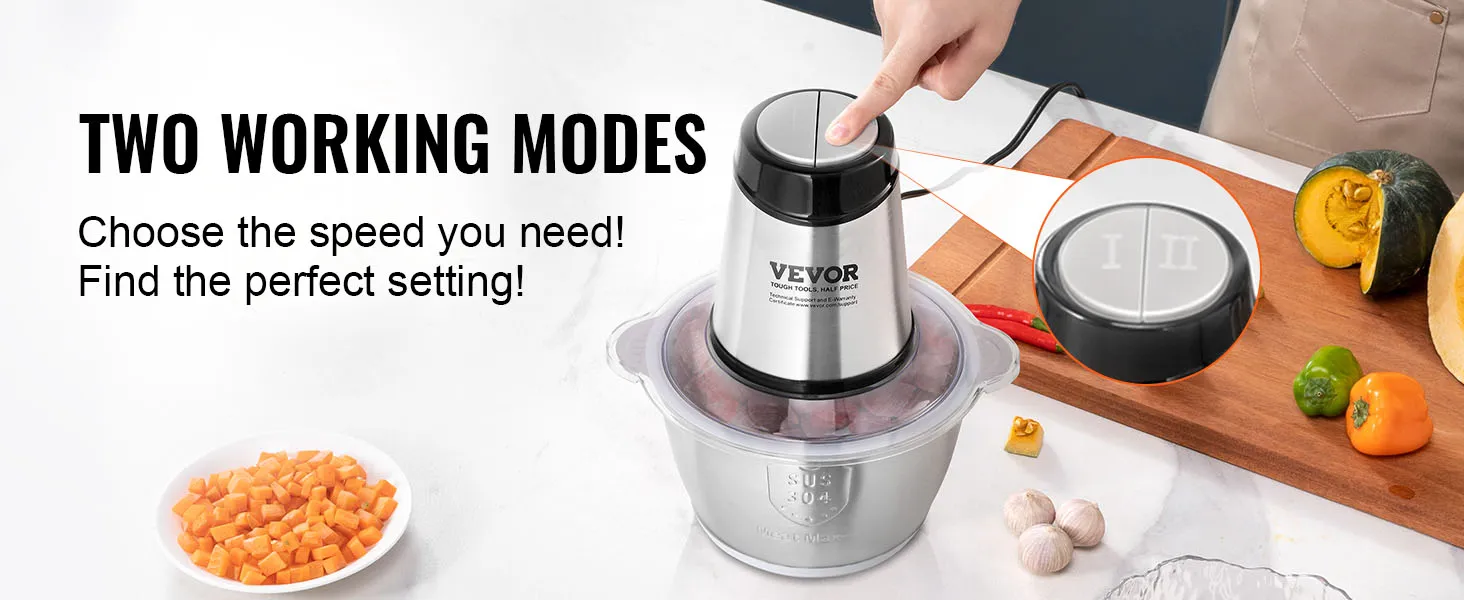 Procesador de alimentos eléctrico VEVOR con dos modos de trabajo, cuerpo de acero inoxidable y verduras en cubitos.