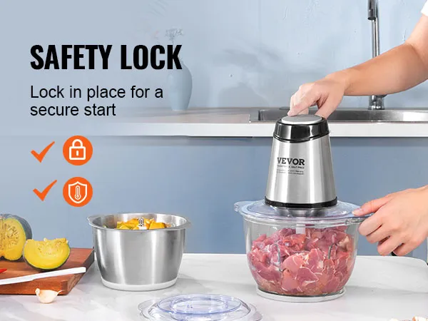 Procesador de alimentos eléctrico VEVOR con función de bloqueo de seguridad que se utiliza para picar carne, enfatizando un inicio seguro.