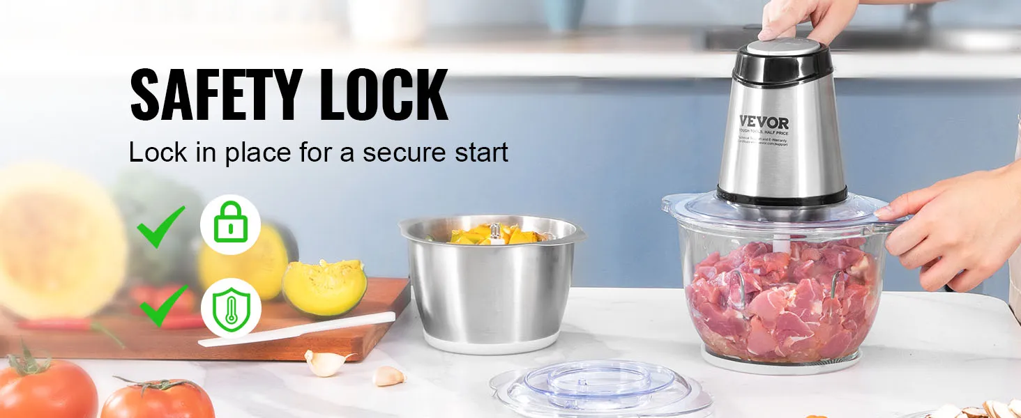 Procesador de alimentos eléctrico VEVOR con función de bloqueo de seguridad que se utiliza para picar carne, enfatizando un inicio seguro.