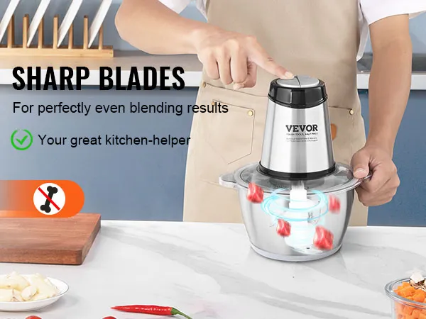 Picadora de carne eléctrica VEVOR con cuchillas afiladas para mezclar de manera uniforme en la encimera de la cocina.
