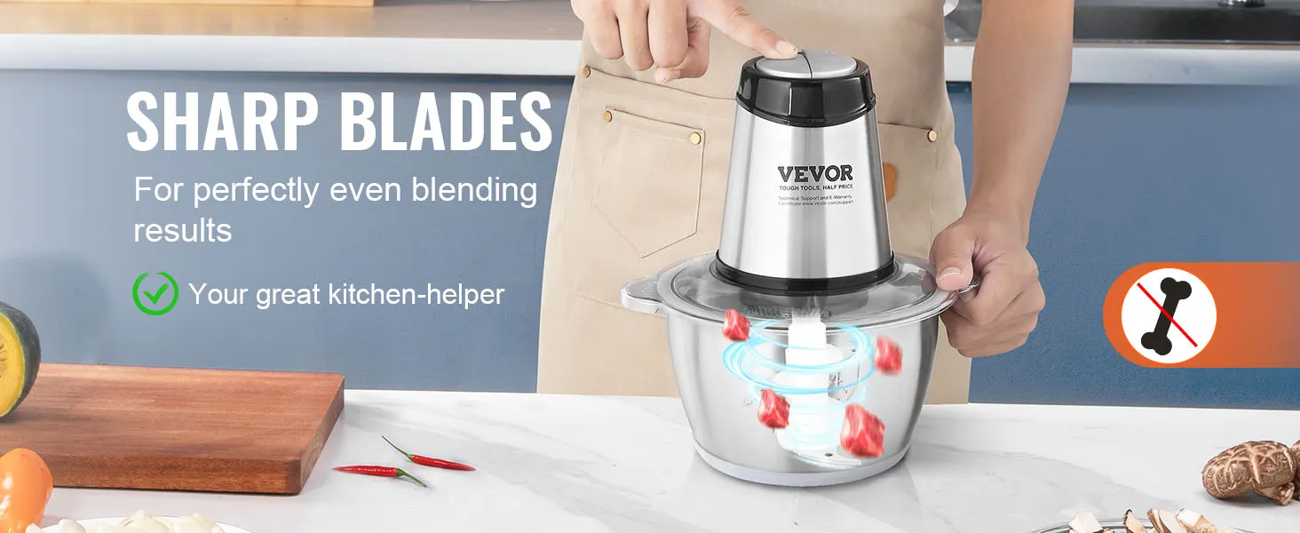 Picadora de carne eléctrica VEVOR con cuchillas afiladas para mezclar de manera uniforme en la encimera de la cocina.