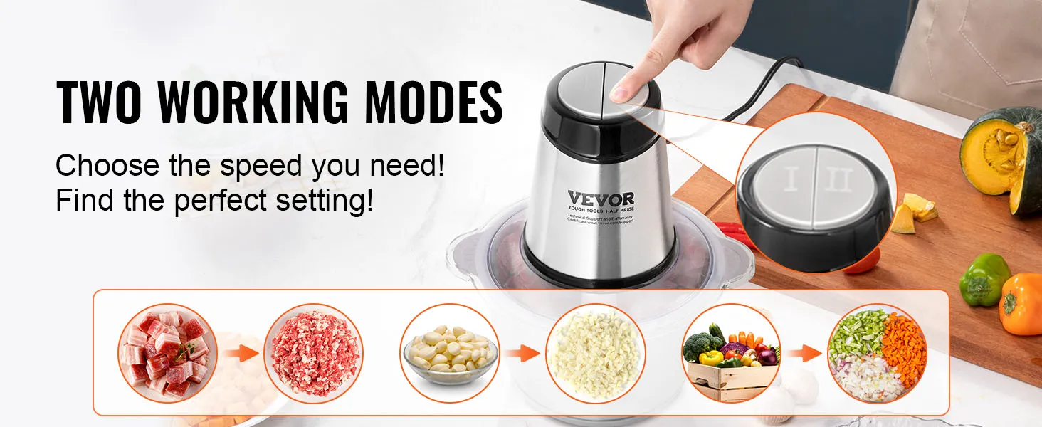 Picadora de carne eléctrica VEVOR con dos modos de trabajo para carne, frijoles, verduras e ingredientes picados.