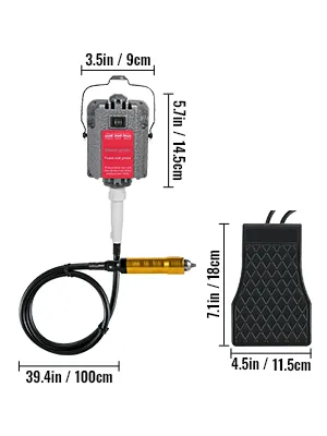 Amoladora de eje flexible VEVOR con dimensiones y pedal mostrados.