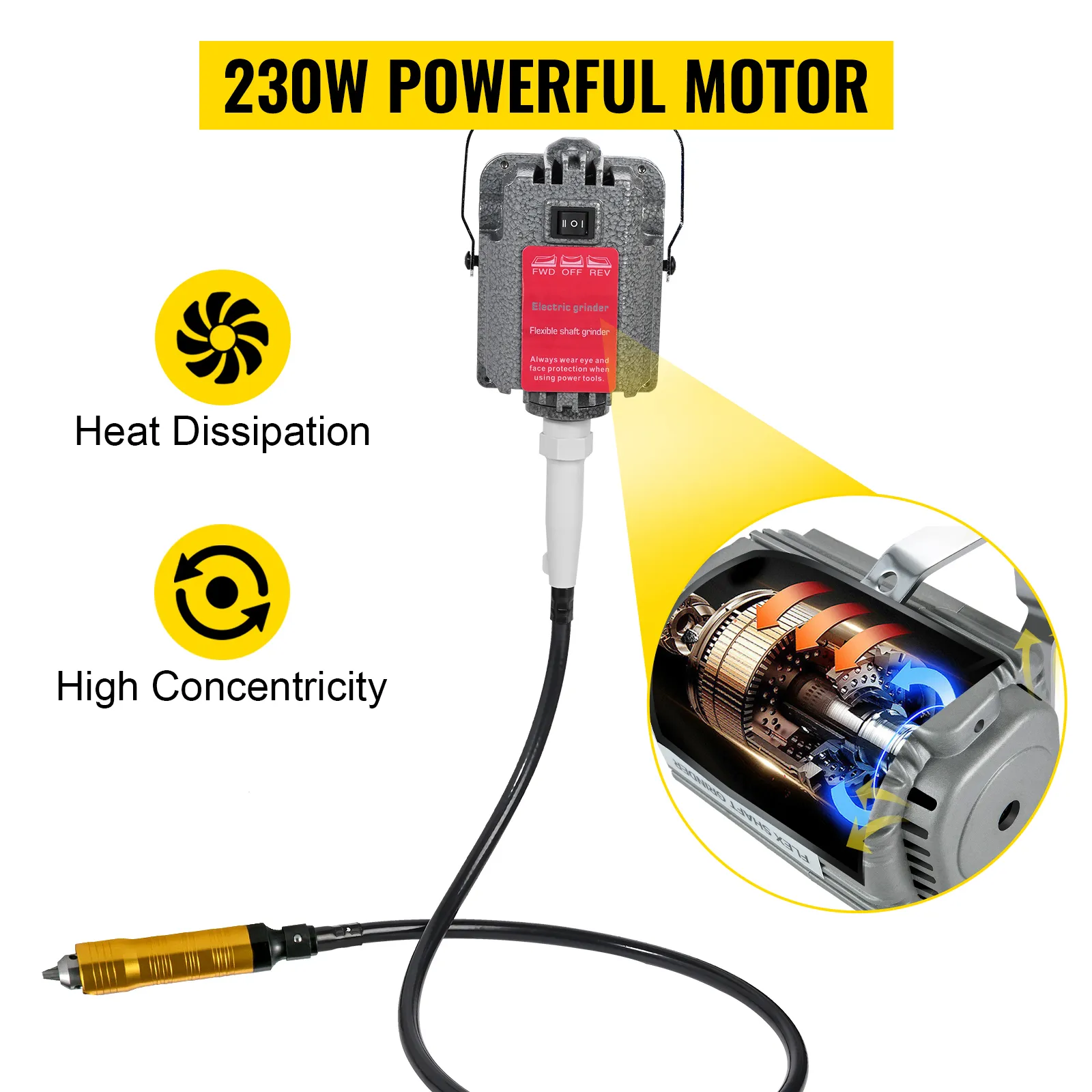 Amoladora de eje flexible VEVOR con motor de 230w, disipación de calor y características de alta concentricidad.