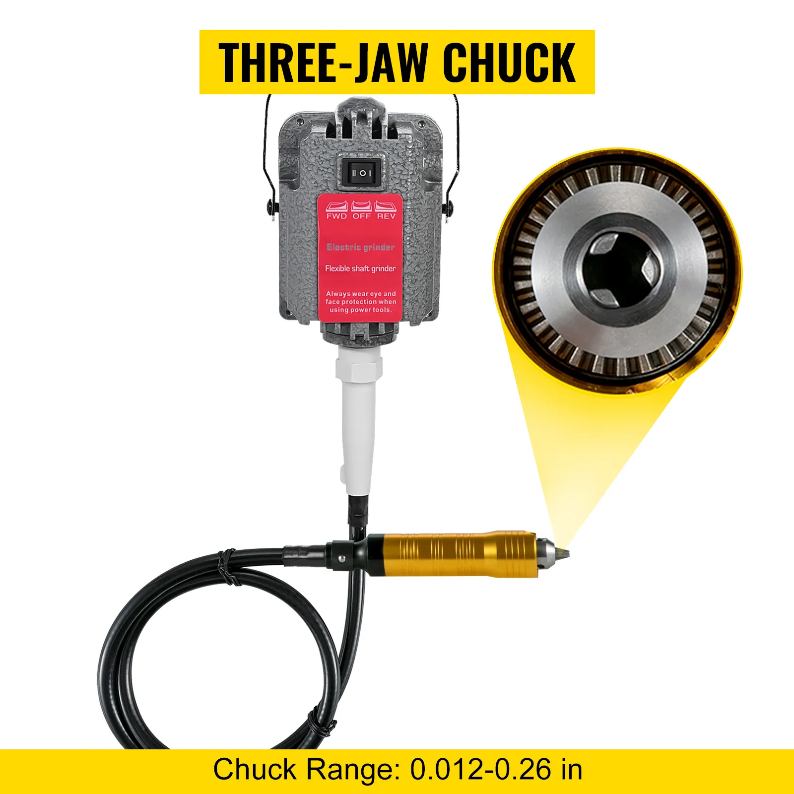 Amoladora de eje flexible VEVOR con mandril de tres mordazas y cable de alimentación flexible.