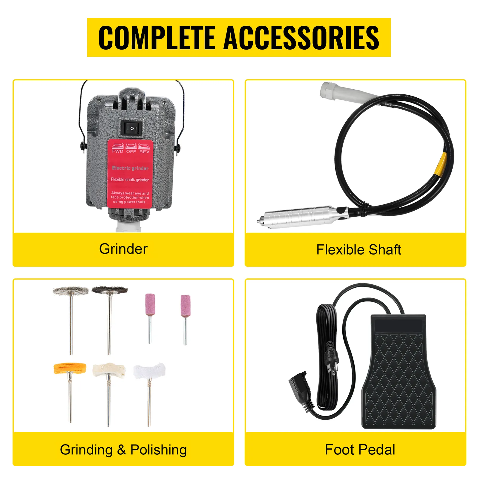 Amoladora de eje flexible VEVOR con accesorios: amoladora, eje flexible, herramientas de pulido, pedal.