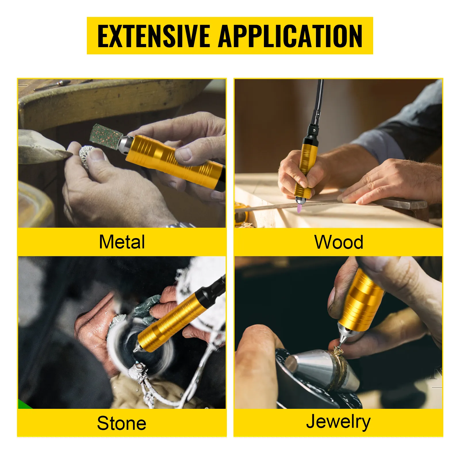 Amoladora de eje flexible VEVOR utilizada en metal, madera, piedra y joyería. Amplia aplicación.