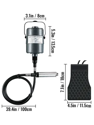 Amoladora de eje flexible VEVOR con dimensiones: motor de 3,1 x 5,3 pulgadas, eje de 39,4 pulgadas, pedal de 7,1 x 4,5 pulgadas.