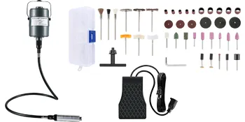 Amoladora de eje flexible VEVOR con accesorios, pedal y estuche para accesorios.