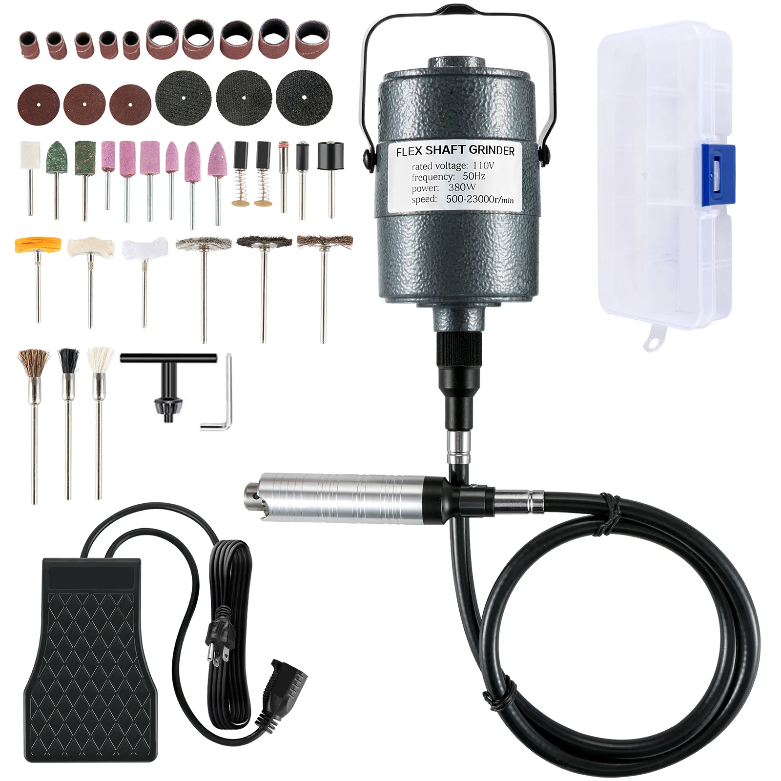 Amoladora de eje flexible VEVOR con accesorios y estuche de almacenamiento, pedal y brocas de molienda.