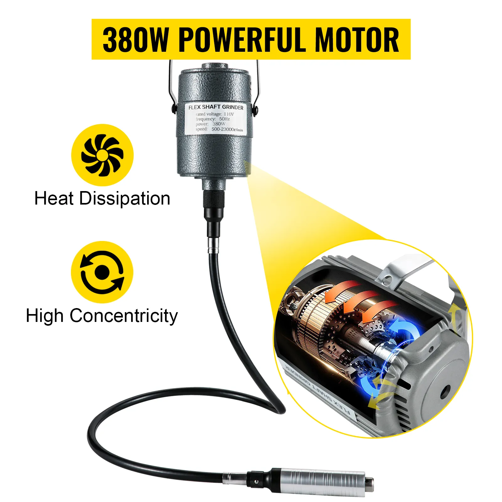 Amoladora de eje flexible VEVOR con motor de 380w, disipación de calor y alta concentricidad.