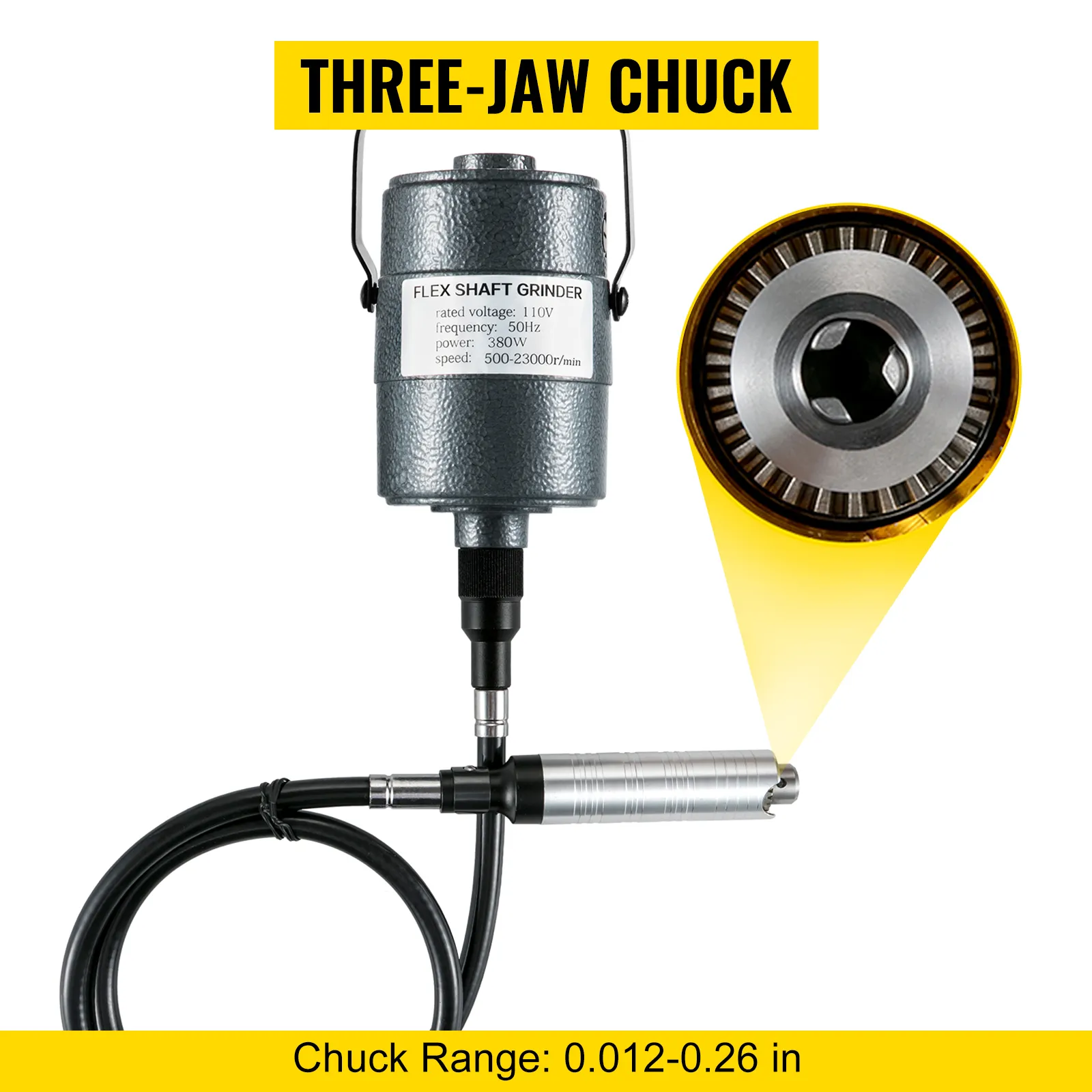 Amoladora de eje flexible VEVOR con mandril de tres mordazas, rango de 0,012 a 0,26 pulgadas.
