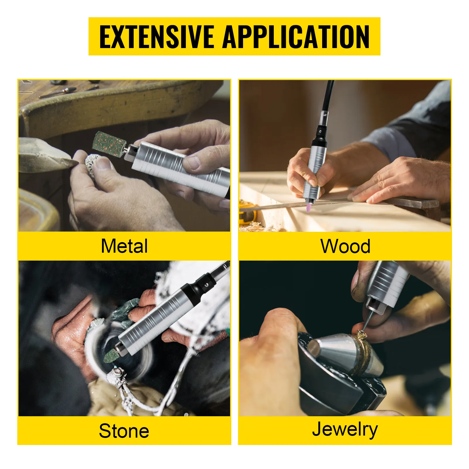 Amoladora de eje flexible VEVOR utilizada en metal, madera, piedra y joyería. Amplia aplicación.