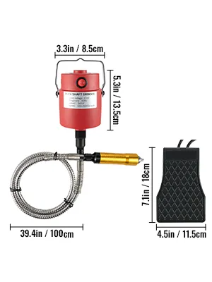Amoladora de eje flexible VEVOR con dimensiones y control de pedal mostrados.