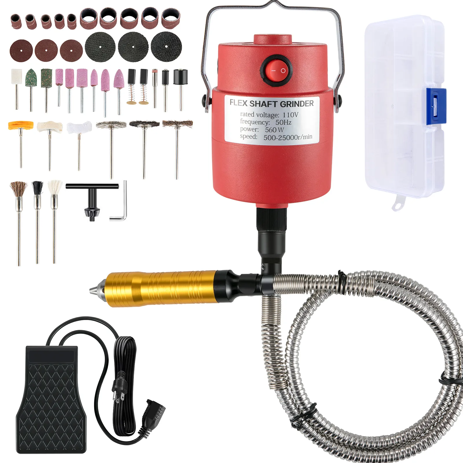 Amoladora de eje flexible VEVOR con accesorios, pedal de control y estuche de almacenamiento.