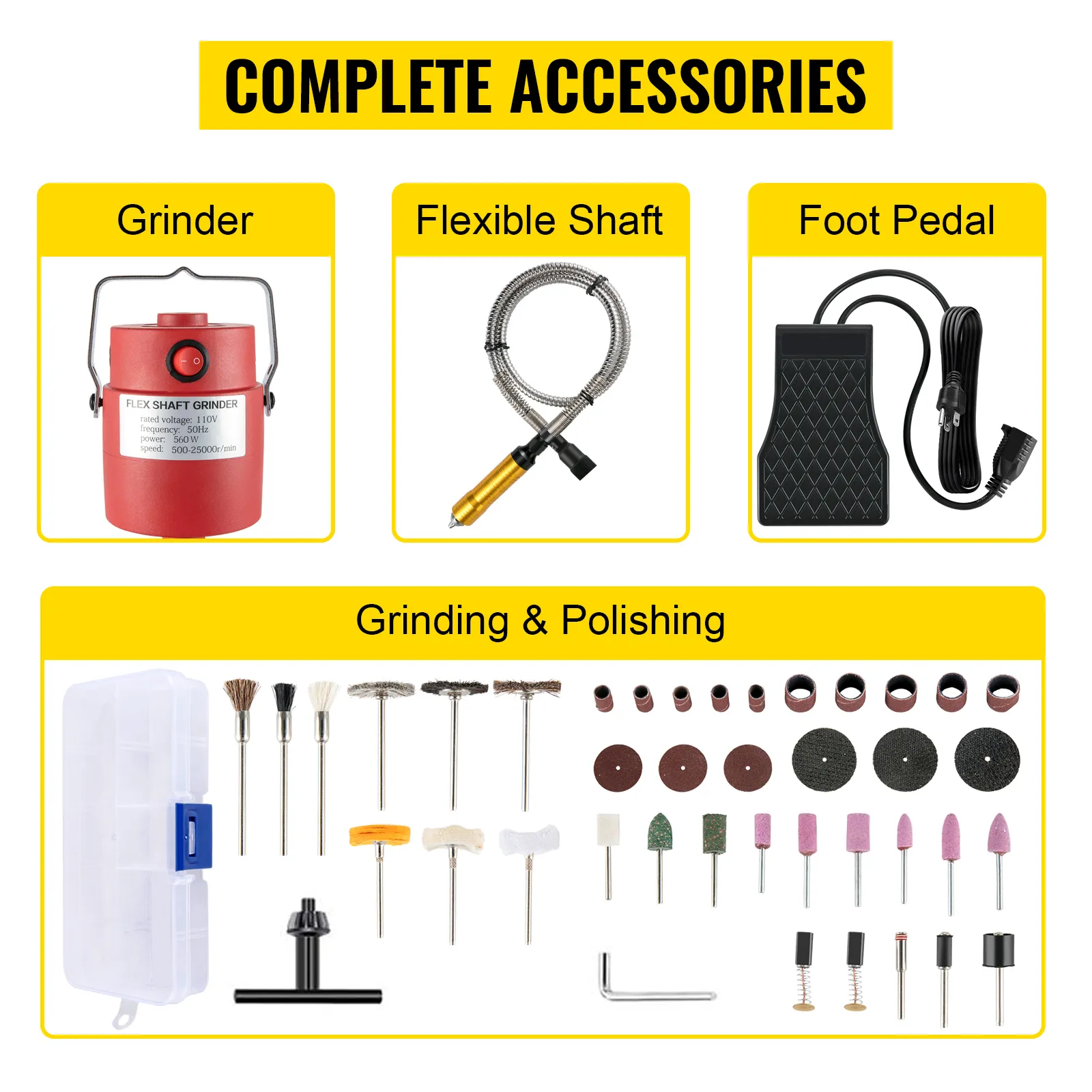 Amoladora de eje flexible VEVOR con accesorios: amoladora, eje flexible, pedal, herramientas de amolado.
