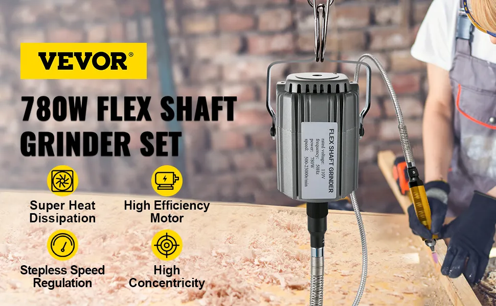 VEVOR flex shaft grinder with 780w motor, showing features and person working.