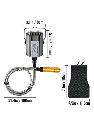VEVOR flex shaft grinder with pedal and detailed dimensions: 100cm shaft, 14.5cm motor.