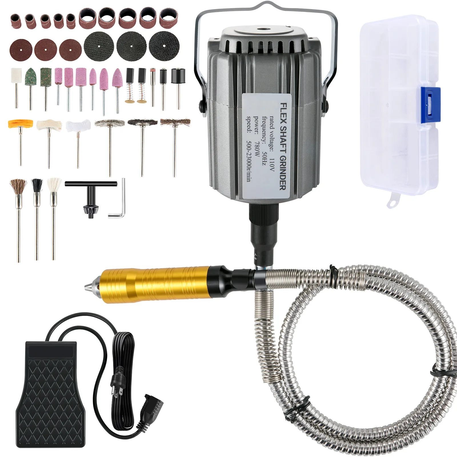VEVOR flex shaft grinder set with accessories, foot pedal, and storage box.