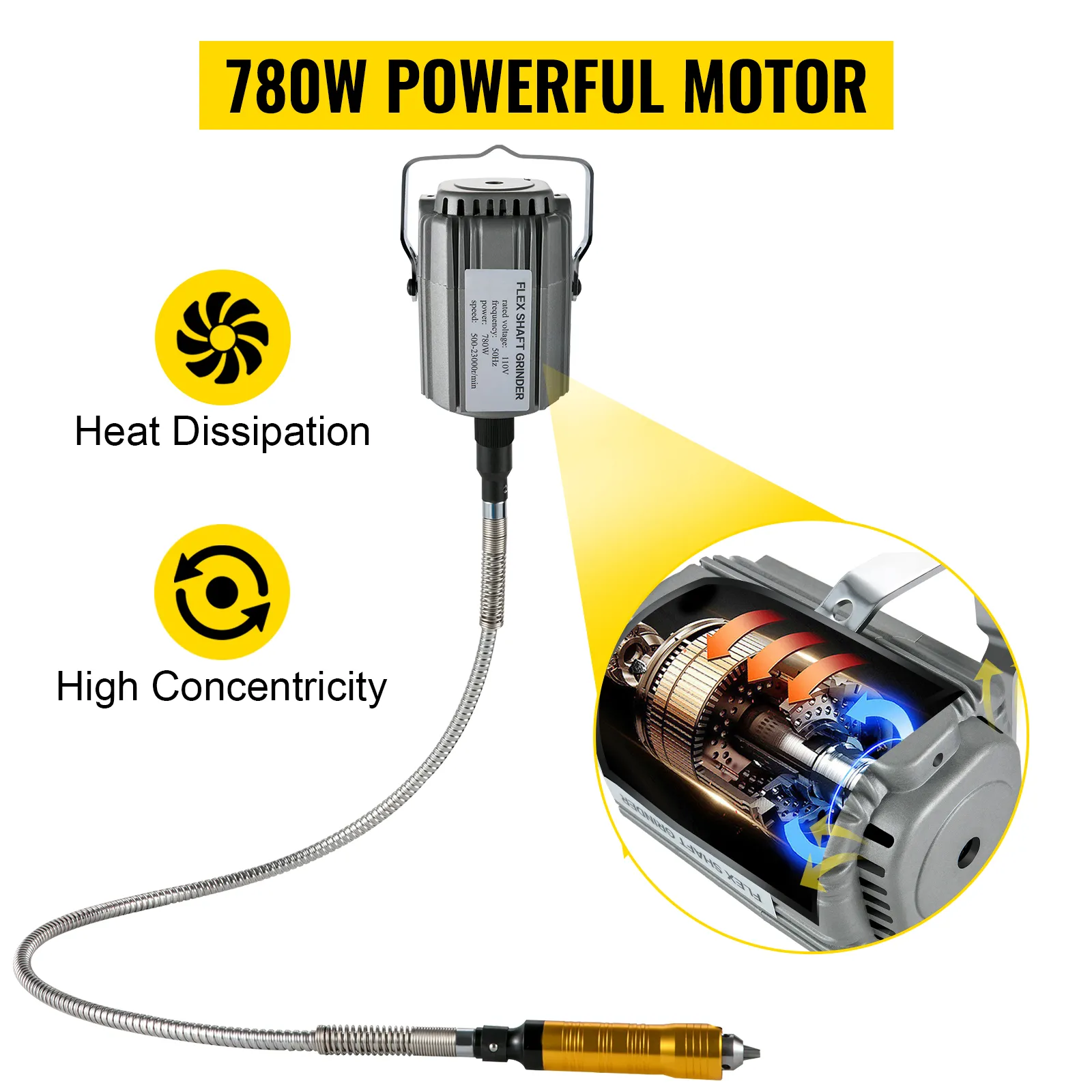 VEVOR flex shaft grinder with 780w motor highlighting heat dissipation and high concentricity.