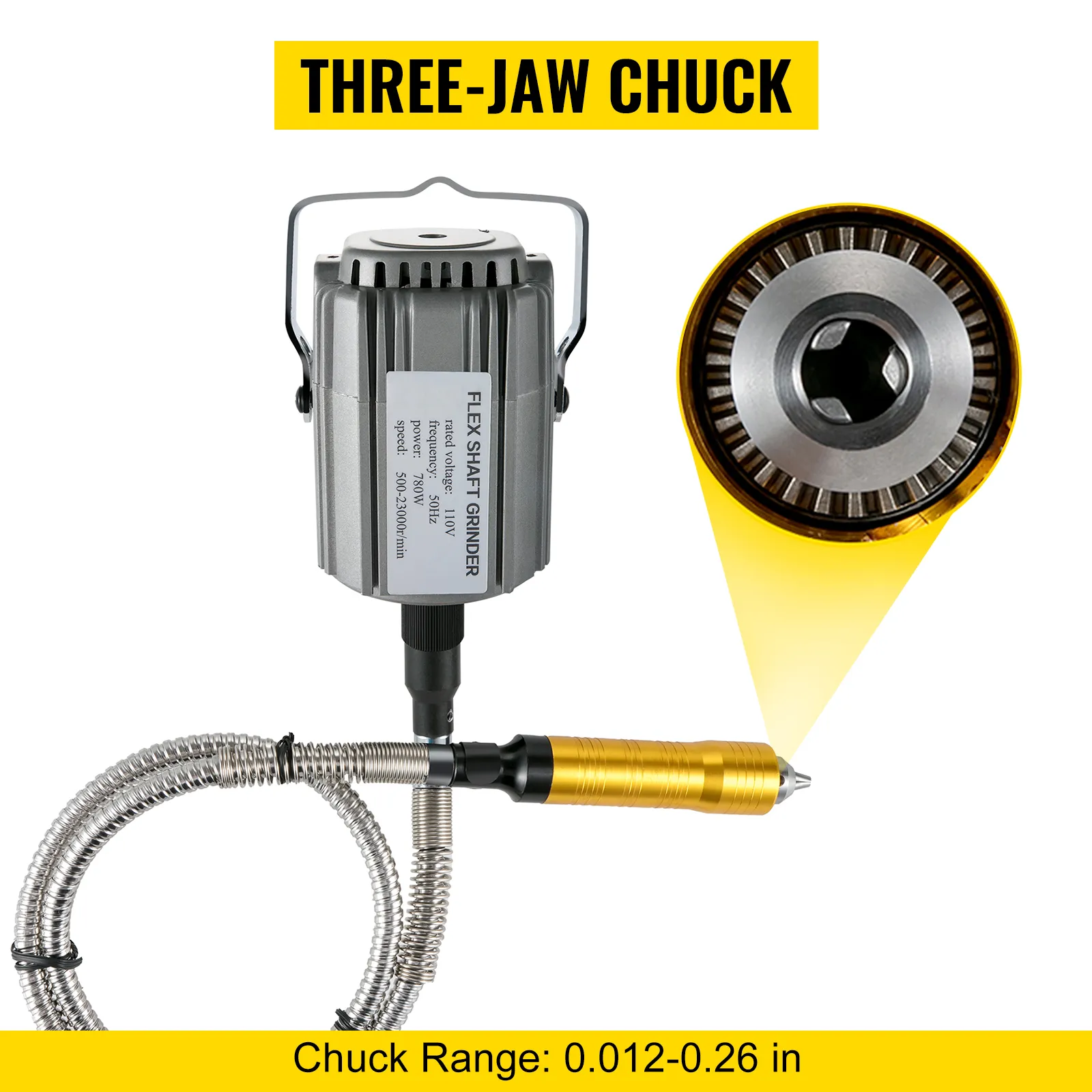 VEVOR flex shaft grinder with three-jaw chuck and adjustable chuck range: 0.012-0.26 in.
